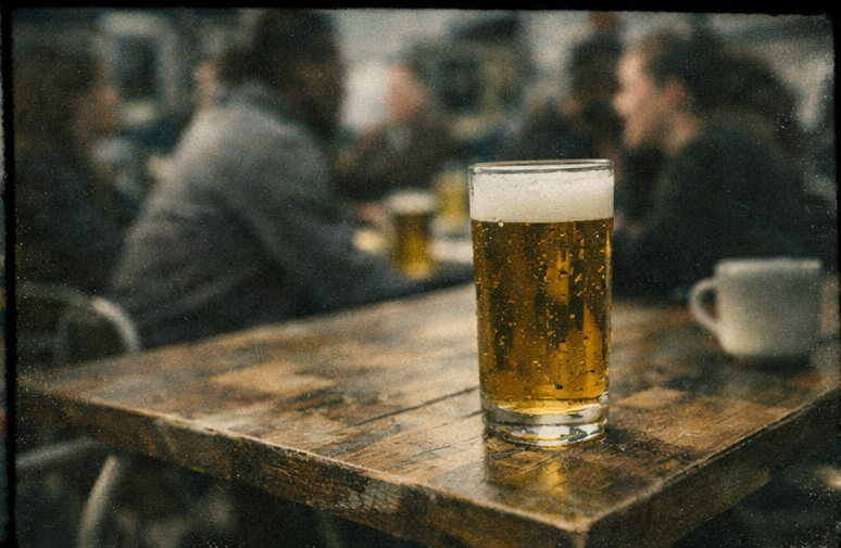 Coffee in the foreground with people blurred in the background